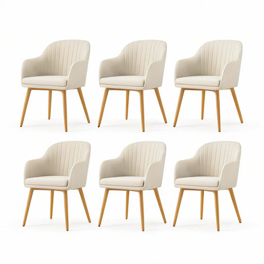 6er-Set Esszimmerstühle mit Armlehnen, 55 x 60 x 82 cm, Polyester Creme, Massivholz Natur