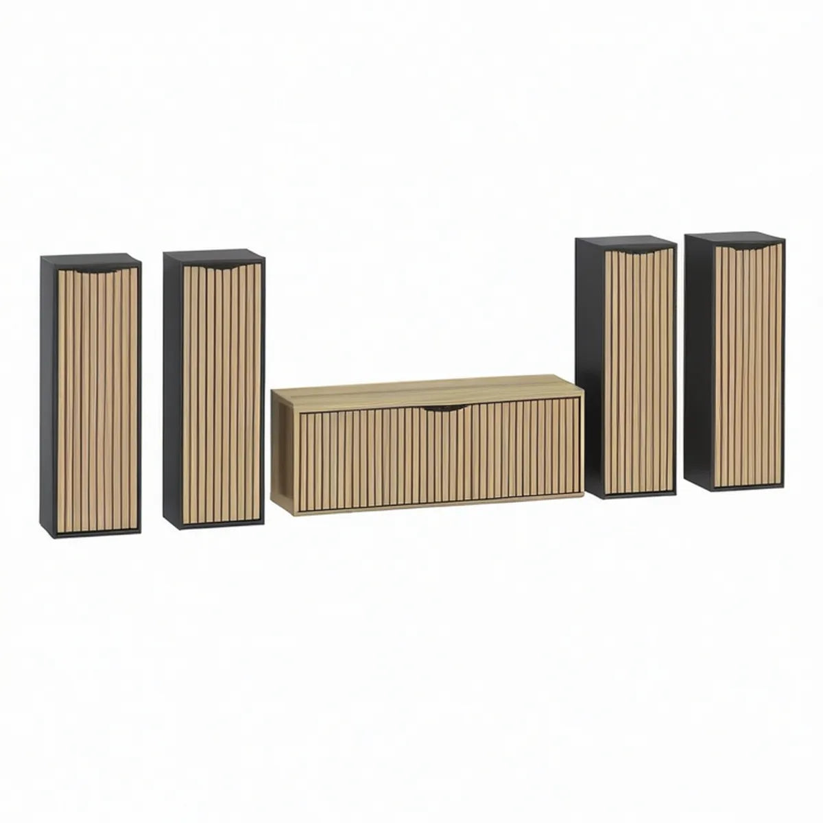 5-teiliges TV-Möbelset mit Lowboard und 4 Hochschränken, Schwarz/Natur-Eiche, Lowboard 120 x 40 x 45 cm