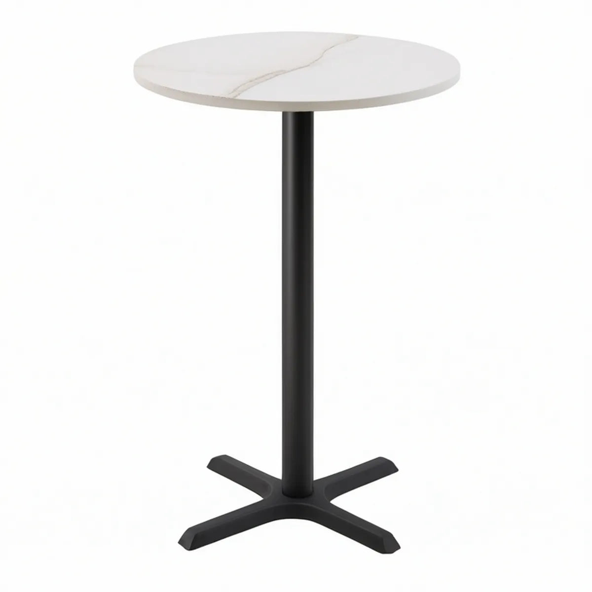 Runder Bartisch Ø 60 cm aus Sinterstein in Weiss mit schwarzem Stahlgestell, Höhe 105 cm