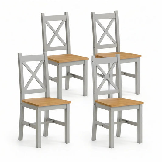 4er-Set Esszimmerstühle mit Kreuzrücken aus Massivholz, Grau/Natur, 41 x 45 x 91 cm