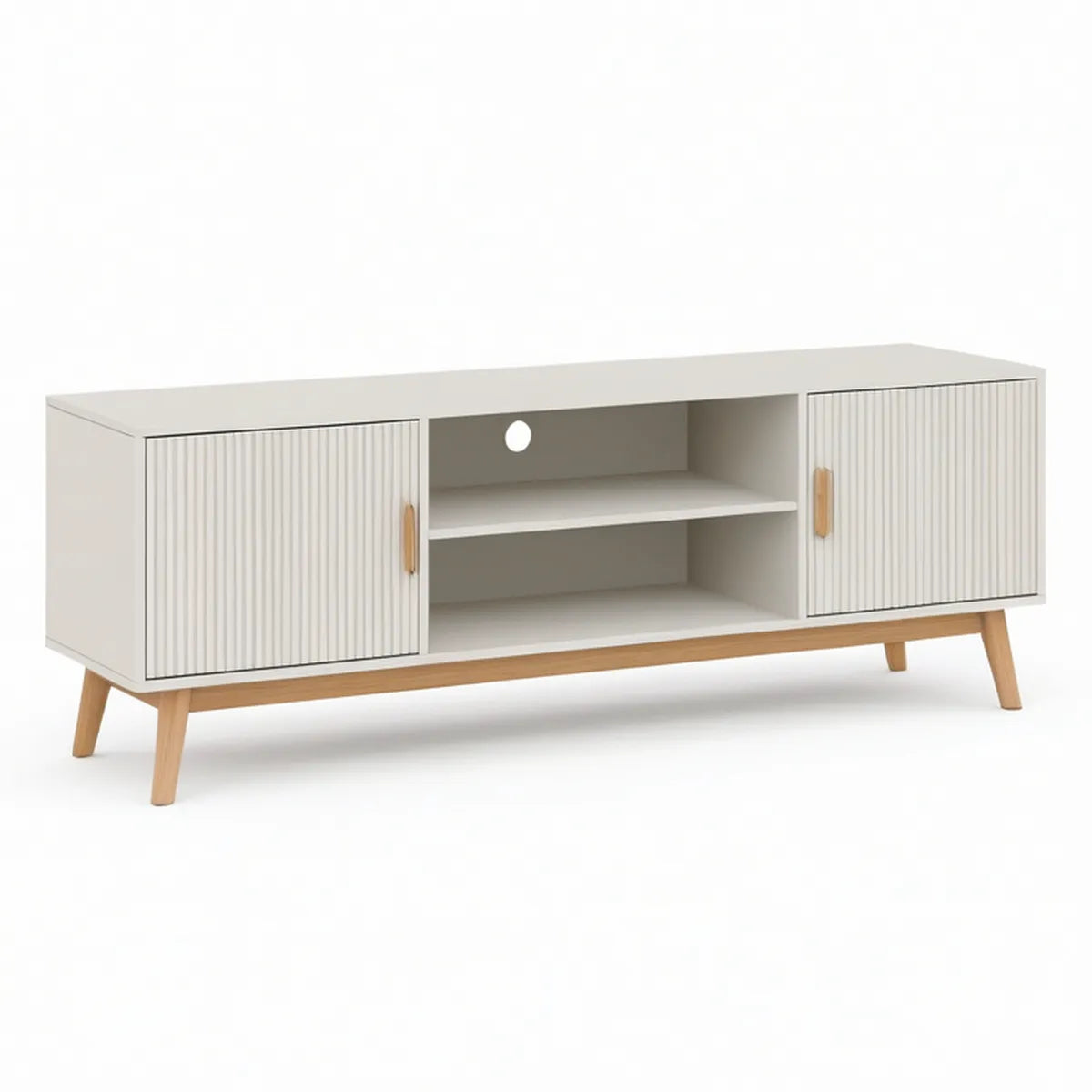 TV-Lowboard 140 x 40 x 55 cm in Weiss und Naturholz mit 2 Türen und offenen Fächern