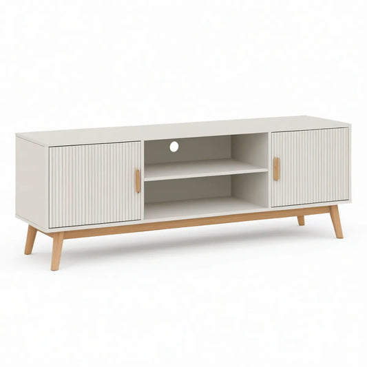 TV-Lowboard 140 x 40 x 55 cm in Weiss und Naturholz mit 2 Türen und offenen Fächern